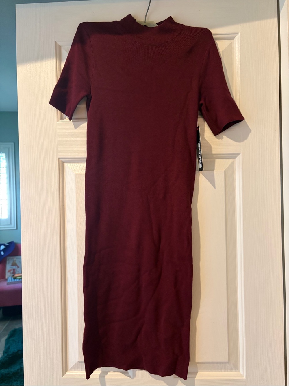 Fitted Midi Dress in Burgundy - Short Sleeve